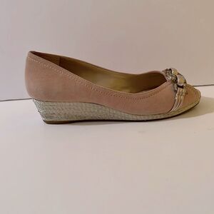 Alex Marie Light Tan Suede Sparkling Wedge Peep Toe Shoes with Gold Crystal 7